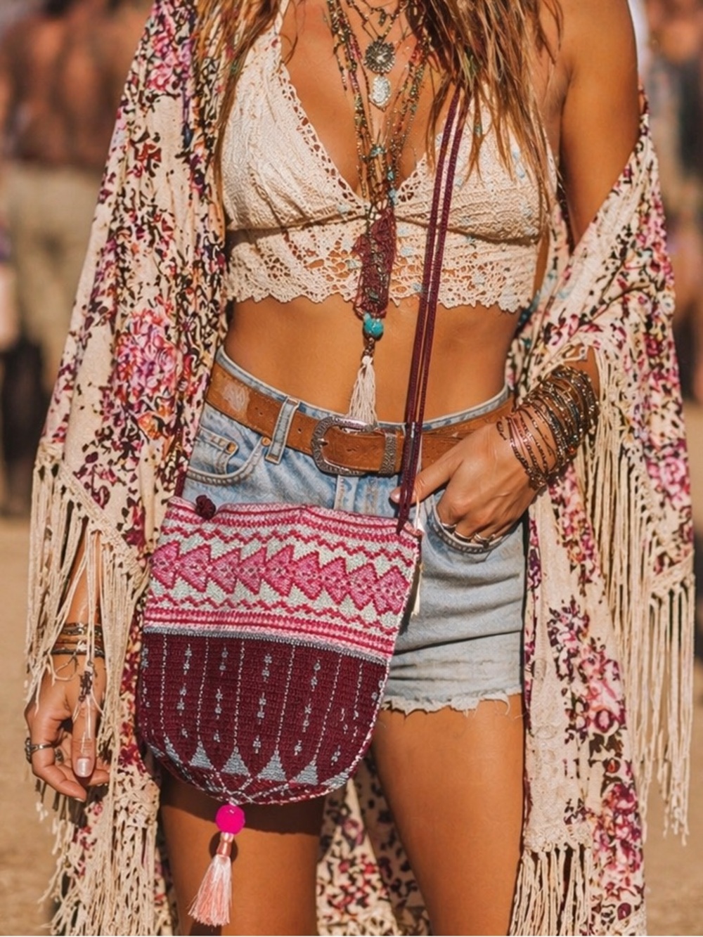 MR.CE NWT Etnic Pouch Woven Crossbody Bag Boho Tassel Festival  Pink‎ Burgundy